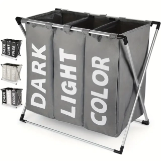 Skládací koš na prádlo s 3 přihrádkami a X-rámem, šedá, LAUNDRY TYP 3