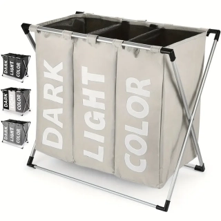 Skládací koš na prádlo s 3 přihrádkami a X-rámem, béžová, LAUNDRY TYP 3