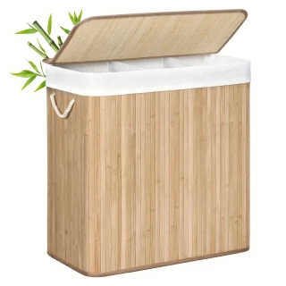 Bambusový koš na prádlo s víkem, 150 l, přírodní/bílá, FONDI