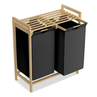 Bambusový koš na prádlo, 2 přihrádky, přírodní/černá, KRAMEL
