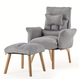 Křeslo relaxační, s podnožkou, polohovací, nohy dřevěné, látka šedá, SAMY