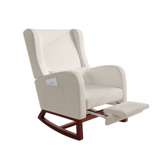 Křeslo relaxační, houpocí, s podnožkou, dřevo tmavé, látka béžová, SAFORD