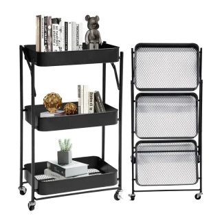 Servírovací stolek, skládací, kolečka, kov, černá, TOTENHAM