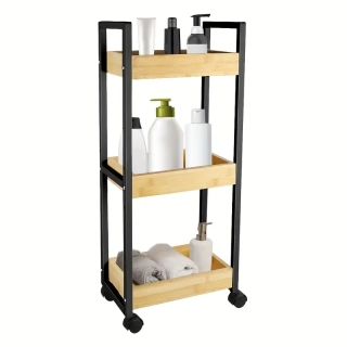 Servírovací stolek, kolečka, kov, bambus, plast, černá, přírodní, PARIS