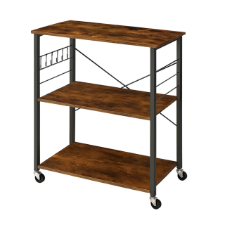 Servírovací stolek, kolečka, kov, dřevo, černá, vintage hnědá, JAKARTA