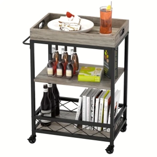 Servírovací stolek, kolečka, kov, dřevo, černá, šedá, HORAND